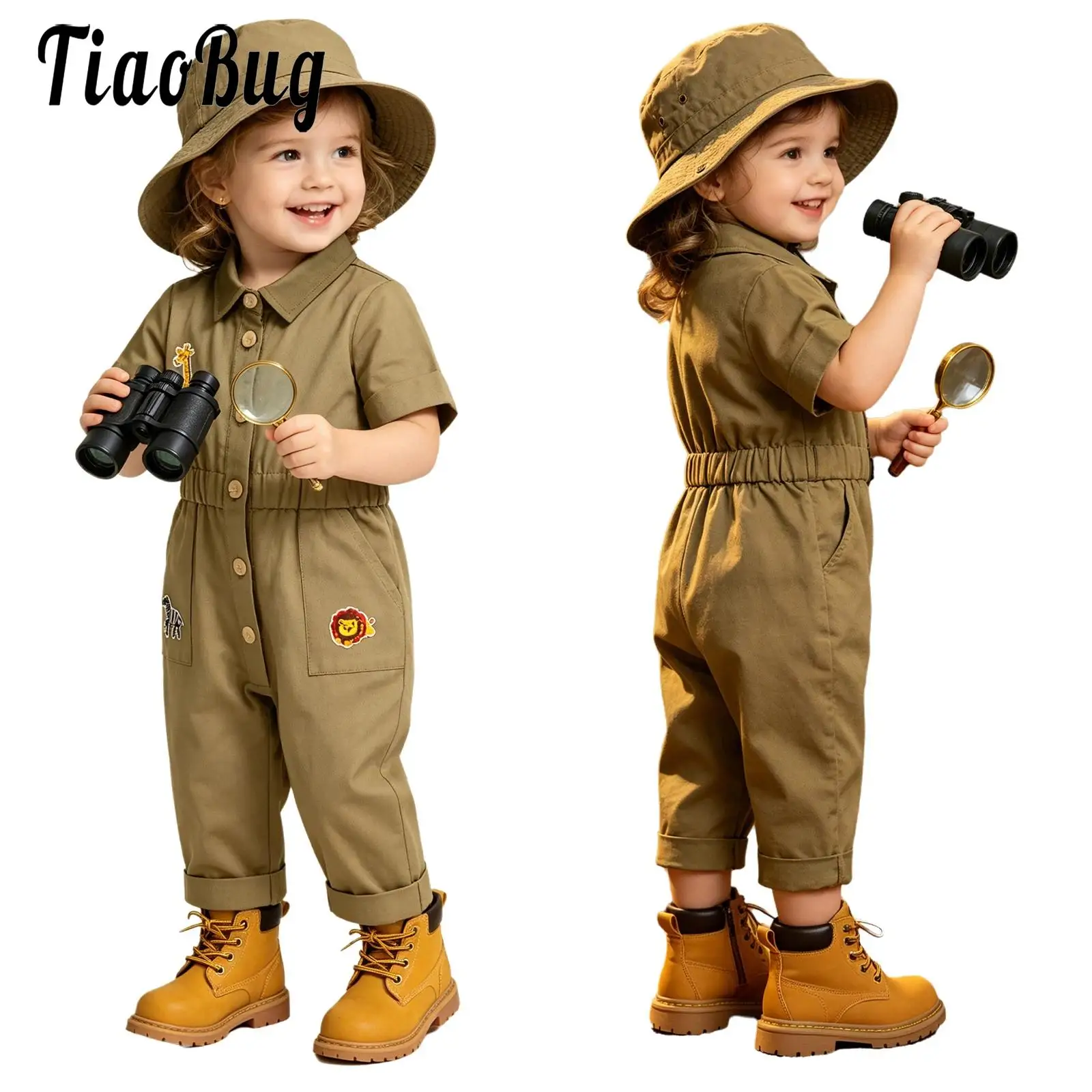 Toddler Baby Zookeeper Jumpsuit for Girls Boys Zoo Park Photo Shoot Bodysuit Turn-down Collar Short Sleeve Elastic Waist Rompers