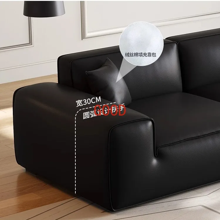 Modern simple large black cow leather sofa Italian minimalist living room small apartment light luxury straight black sofa