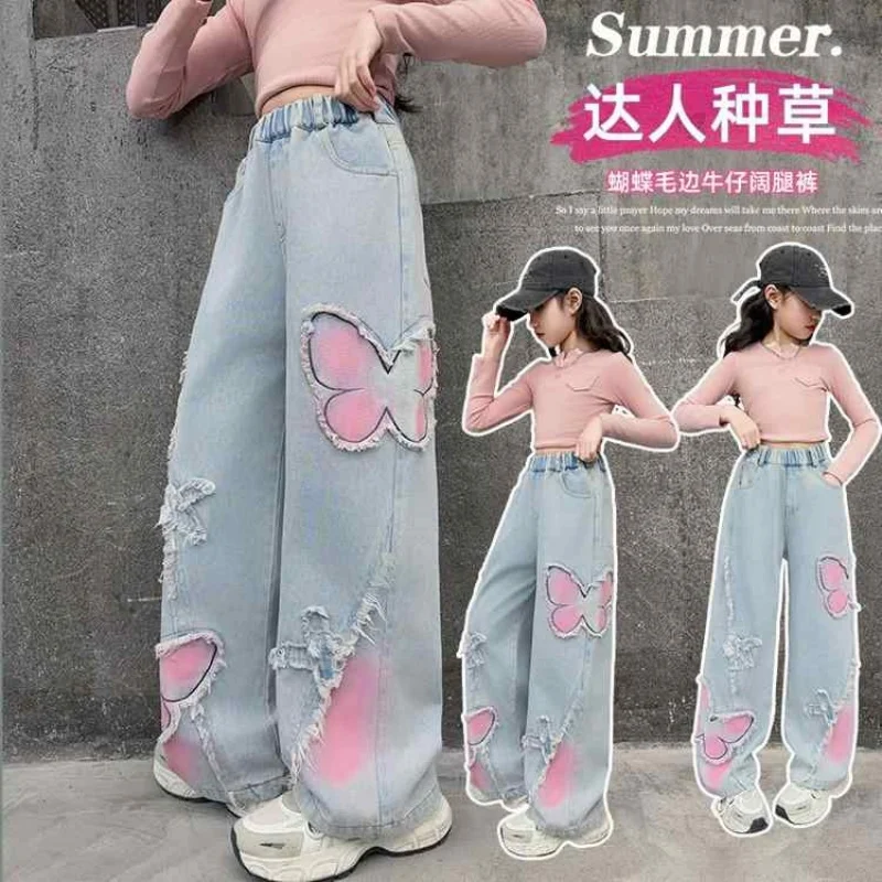 Girls' jeans  with Playful Butterfly Prints Trendy Wide-leg Pants for Tween Fashion Girls' pants