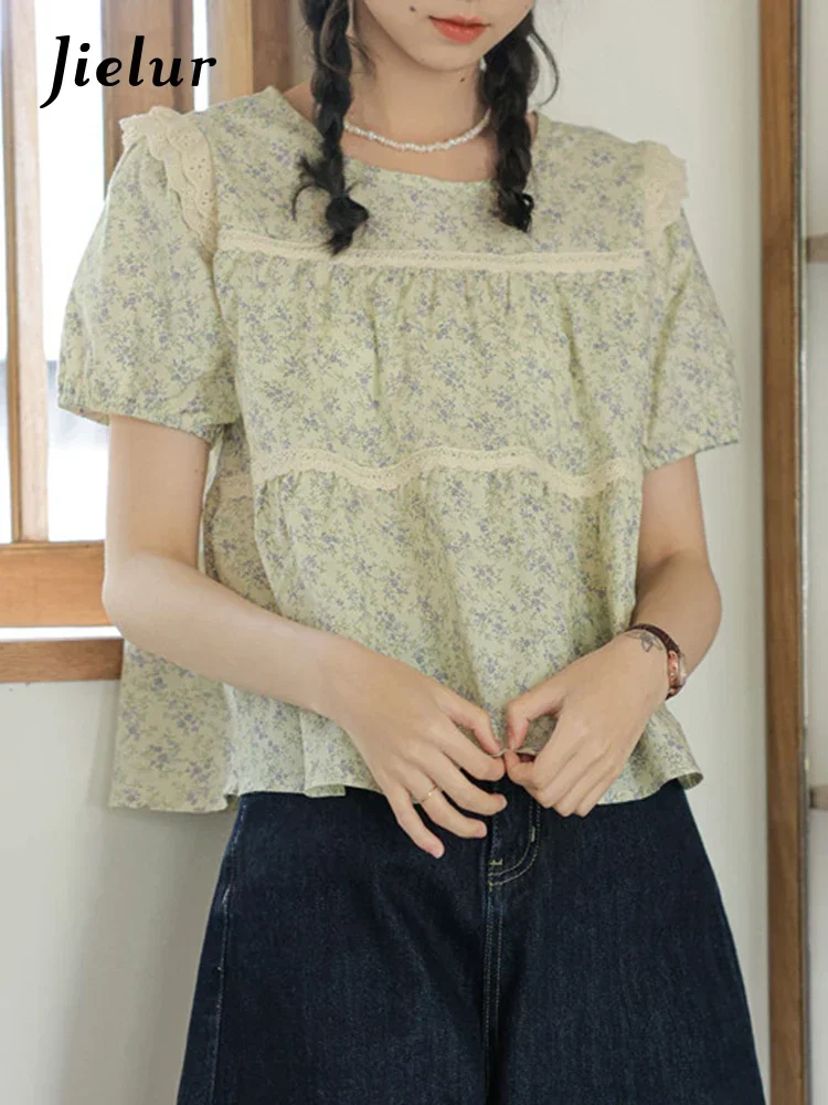 

Jielur Lace Floral Sweet Women's Blouses Summer Puff Sleeve O-Neck Simple Fashion Female Blouse French Style Chic Office Ladies