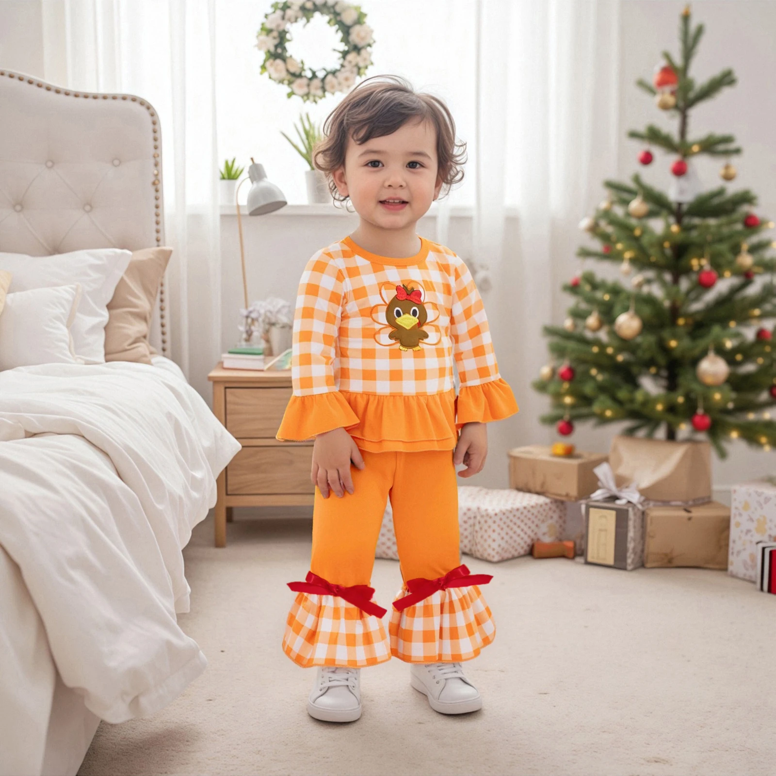 Set di vestiti per il Ringraziamento delle ragazze del bambino Manica lunga O Collo Ricamo Turchia Top Pantaloni svasati Set Abbigliamento per bambini