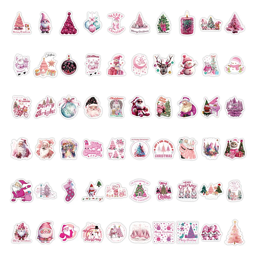 10/60PCS Pink Christmas Stickers Cute Cartoon Children Stickers Scrapbooking Gifts Decoration Decals PVC Waterproof Funny Toys