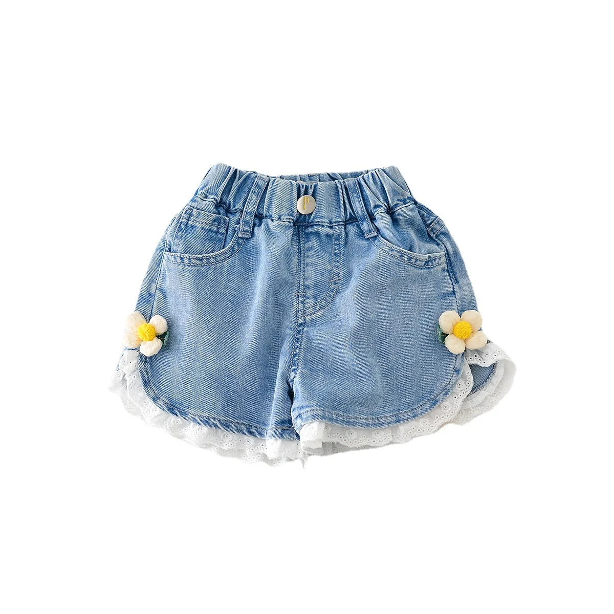 2-8Years Old Girls Denim Shorts Summer Elastic Waist Lace Flower Thin Denim Hot Pants Kids Jean Shorts Children\'s Wear Clothes