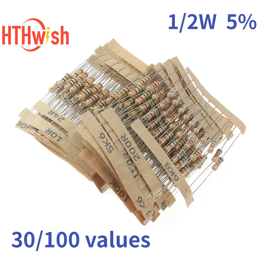 

300/ 1000 PCS 1/2W Carbon Film Resistor Set 5% Resistors Kit 0.5W 1 ohm~3M 1hm~10M Color Ring Resistance Assortment kit