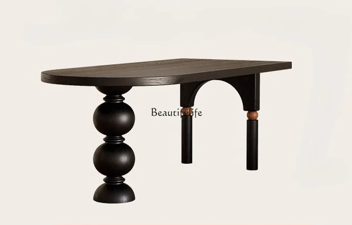 

ls 04 French retro solid wood dining table oval home black antique living room integrated table