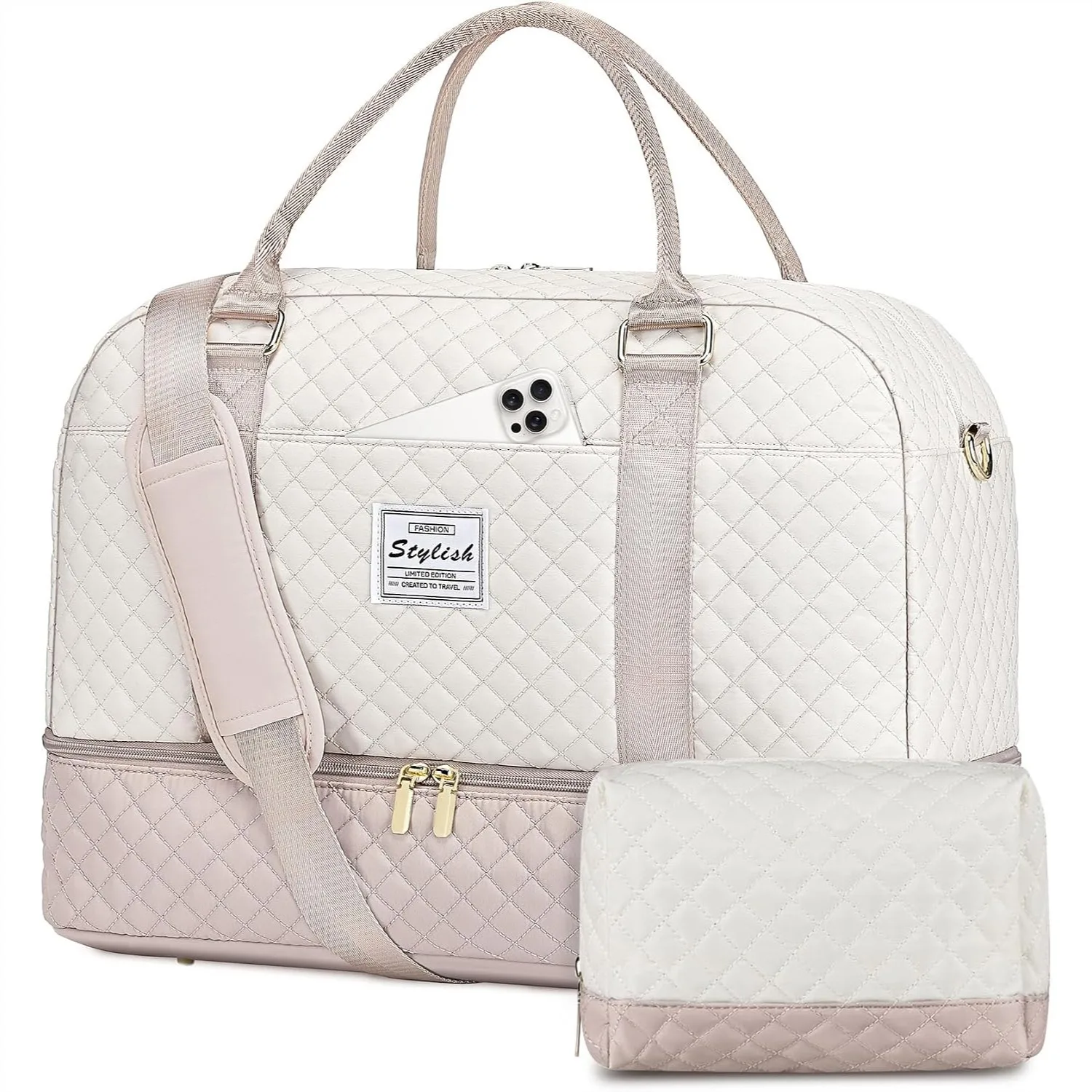 Beige Travel Duffel Bag for Women with Shoe Compartment