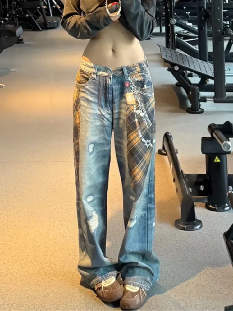 

Рубашка в клетку с 3D-принтом в ретро-американском стиле, женские джинсы с высокой талией, брюки в пол, модный уличный стиль, повседневная одежда