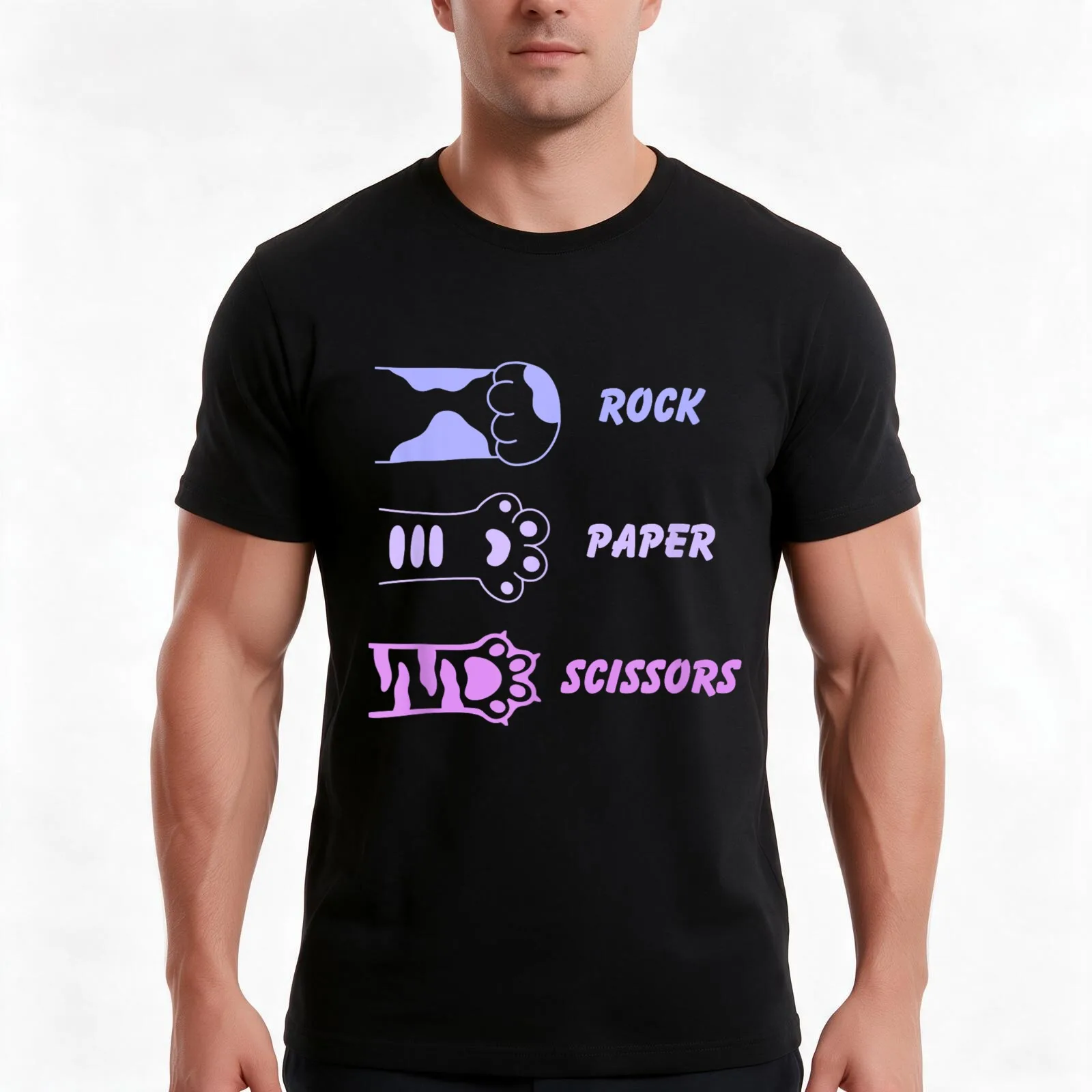 Rock Paper Scissors Cat Paws T-Shirt, Summer Casual Cotton Tee, Oversized Streetwear Tops, Vintage Graphic Print, 100% Cotton