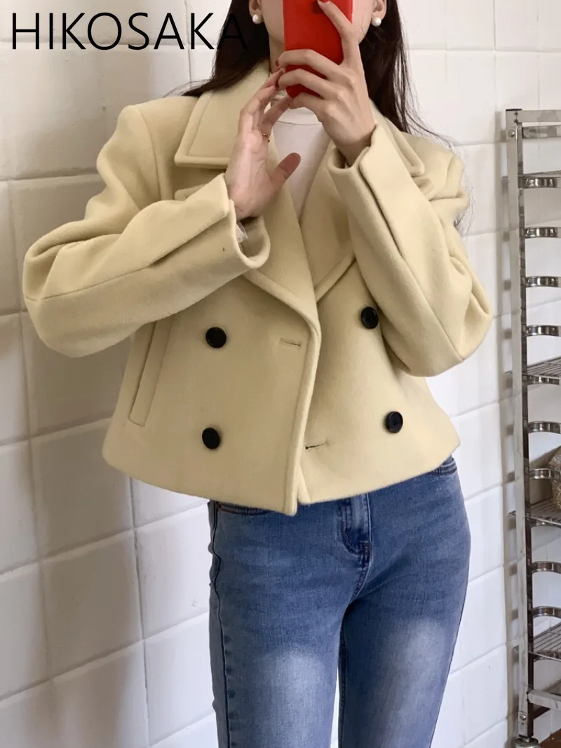 Korean Chic Designer Commuter Crop Jackets Women Turn-down Collar Elegant Solid Wollen Coat Autumn Iwnter Vintage Simple Outwear