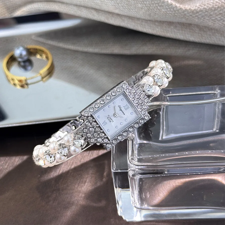 

2025 модные женские часы с бриллиантами и циферблатом, двухрядные наручные часы с ремешком из искусственного жемчуга, часы для девочек, Reloj Mujer