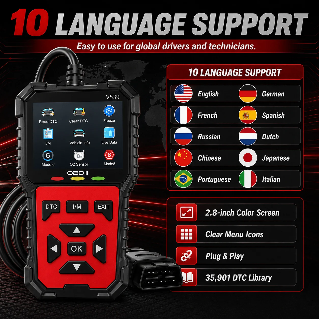 V539 OBDII Car Diagnostic Scanner Engine Fault Code Reader Live Data Stream Battery Voltage Tester DTC Code Lookup Auto Repair T