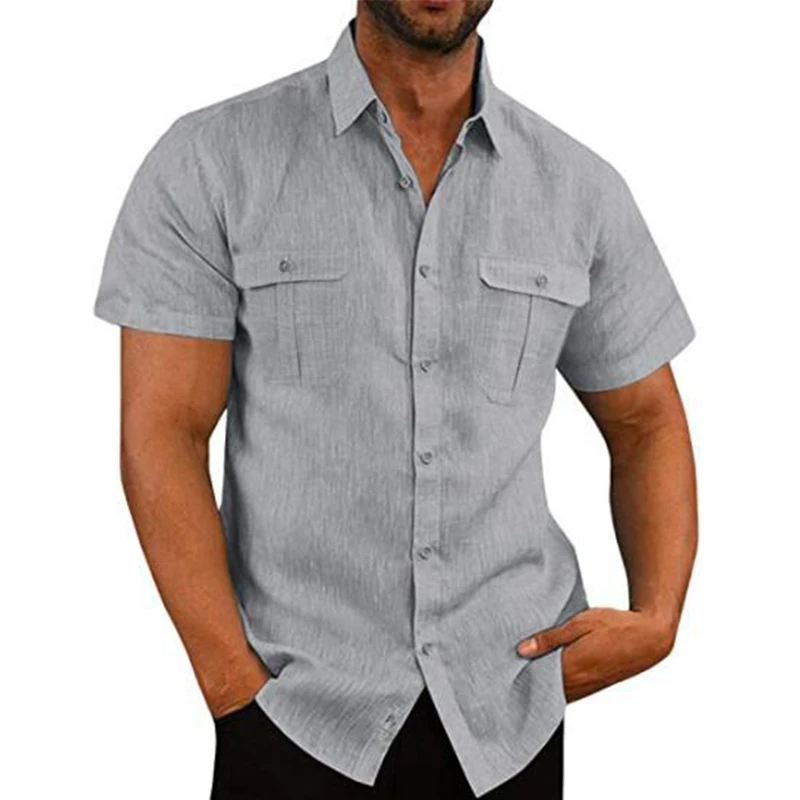 Cotton Linen Shirt Men Pocket Casual Beach Short Sleeve Solid Color Male Tops T-shirts Vintage Streetwear Comfort Casual Shirts