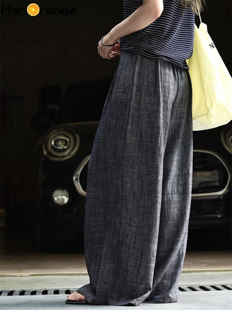 HanOrange 2025 Summer Splicing Linen Casual Pants Women Retro Drip Dry Breathable Trousers Black Gray