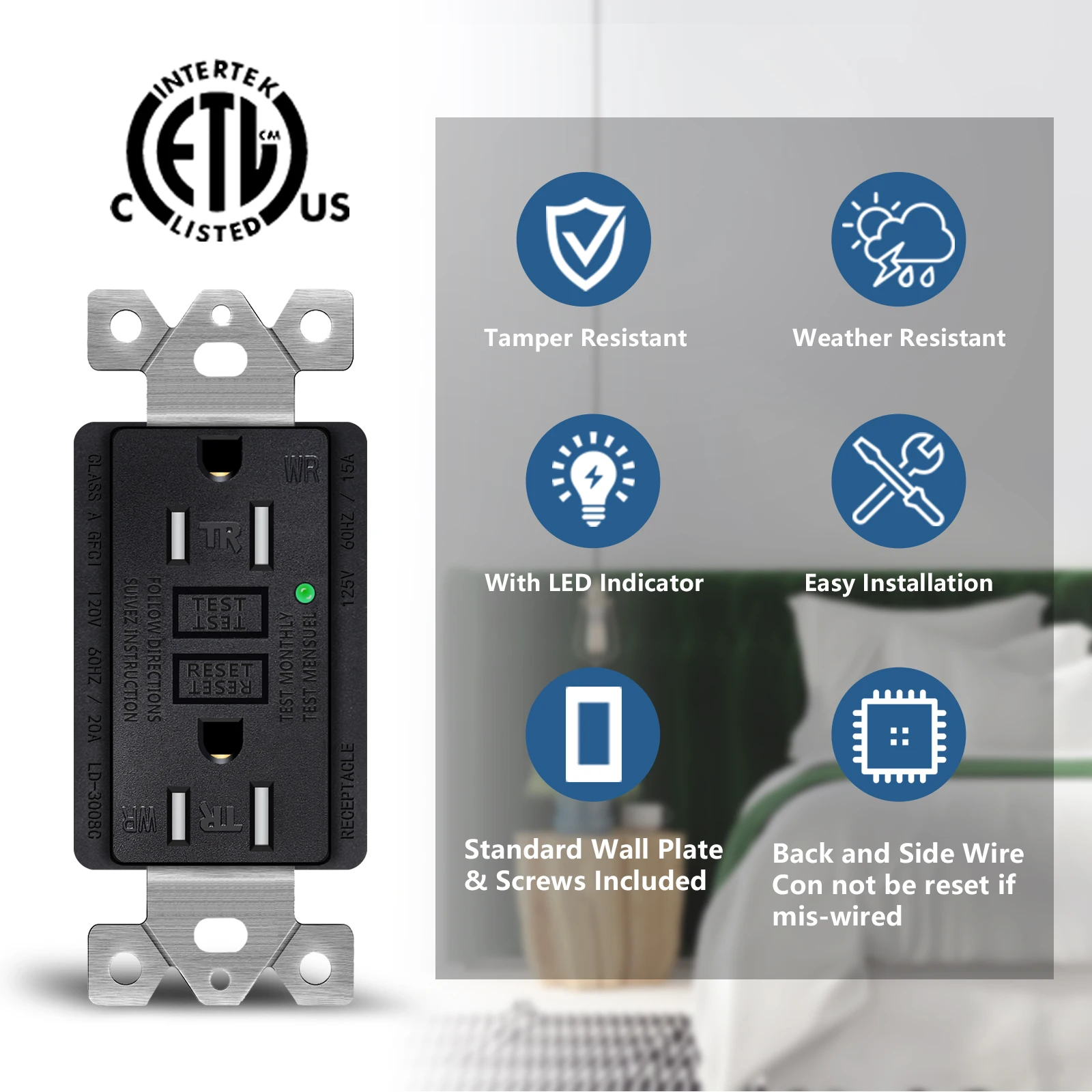1PK-20PK GFCI GFI Outlet 15A 125V Black Safety Receptacle Plug Tamper Resistant TR WR Plate Socket With ETL Listed and LED Light