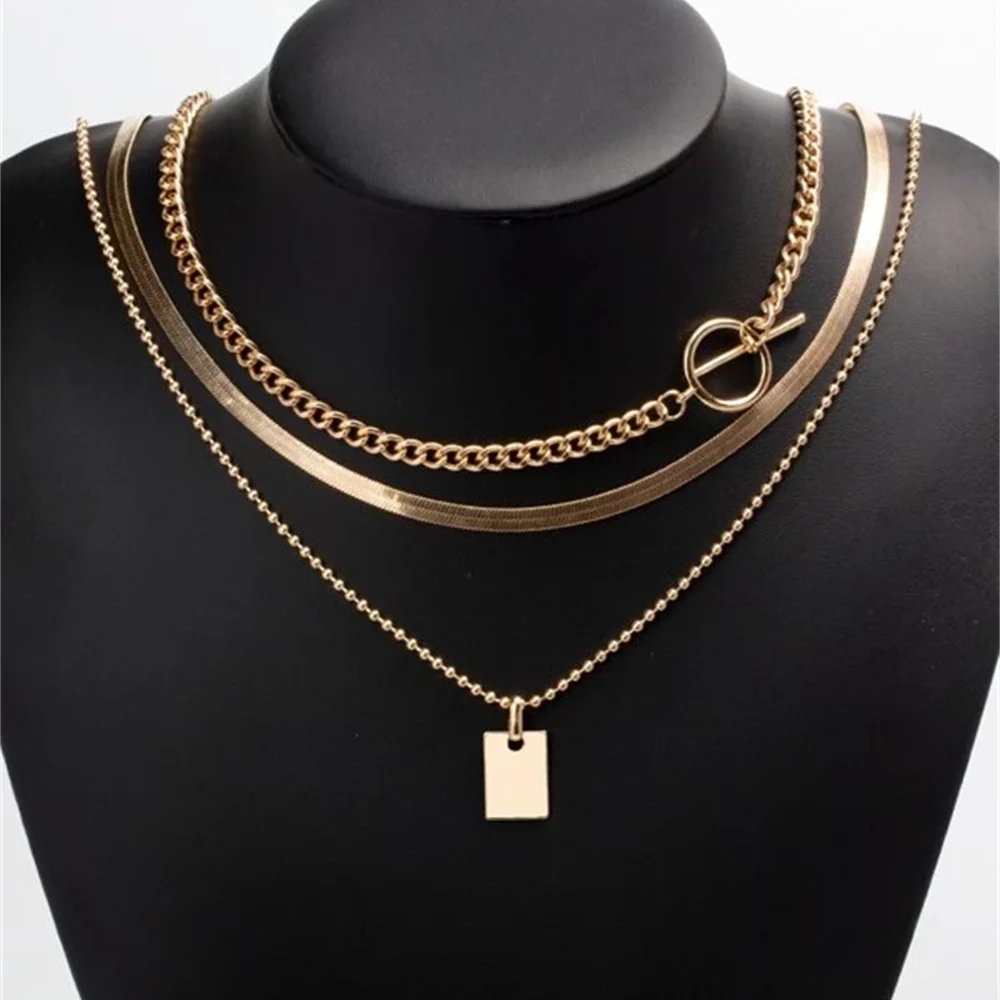 Fashion Gold-plate Metal Bead Snake Chain Geometric Square Pendant Necklace For Women Female Vintage Multilevel Punk Jewelry