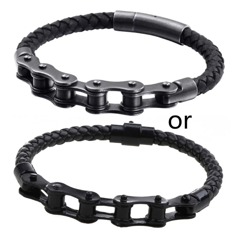 

652F Black Mechanical Link Chain Bracelet Woven Leather Bracelet Punk Braided Leather Bracelet Men Punk Jewelry Bangle