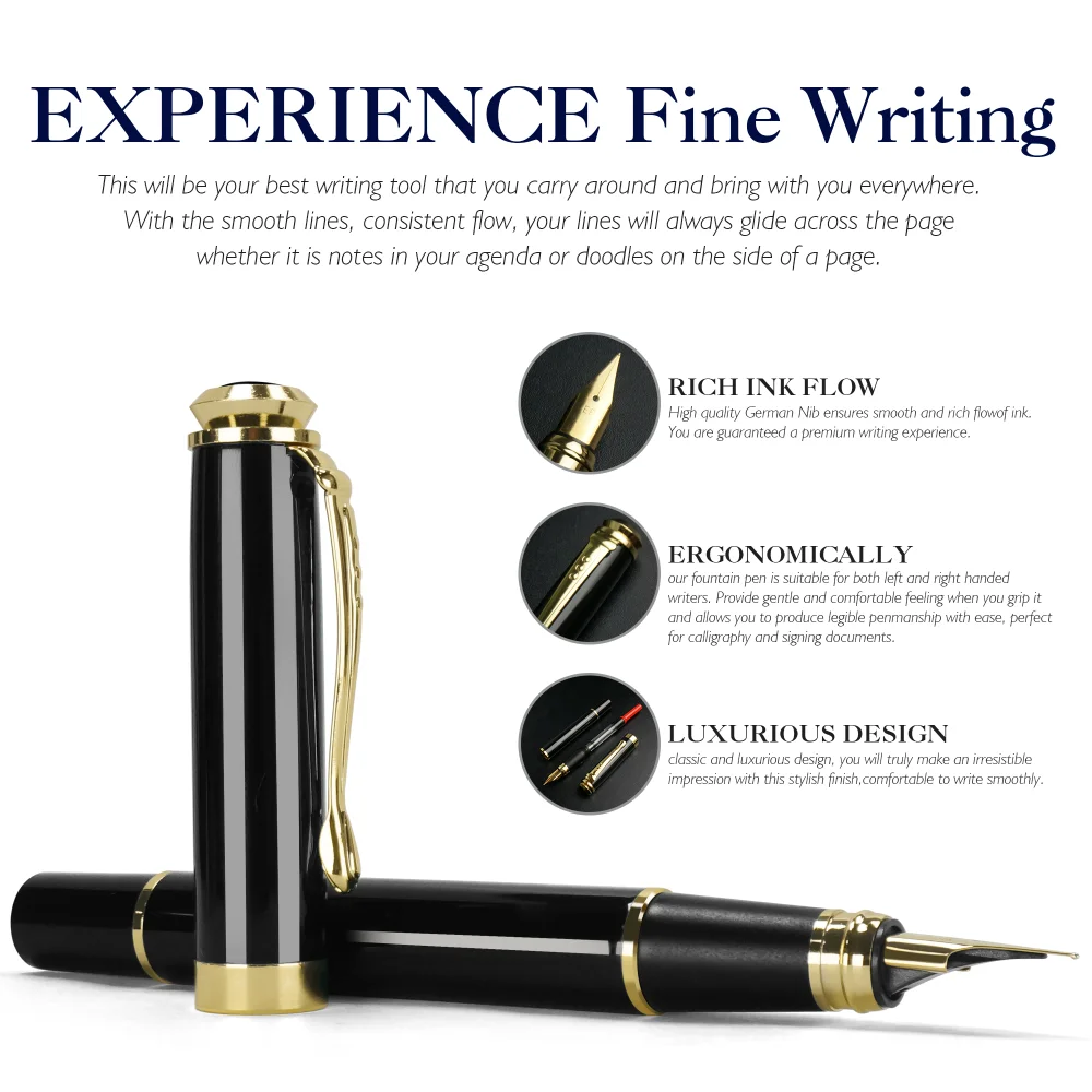 STONEGO 0.38mm Extra Fine Nib Fountain Pen, Black Metal Calligraphy Writing Gift Pen