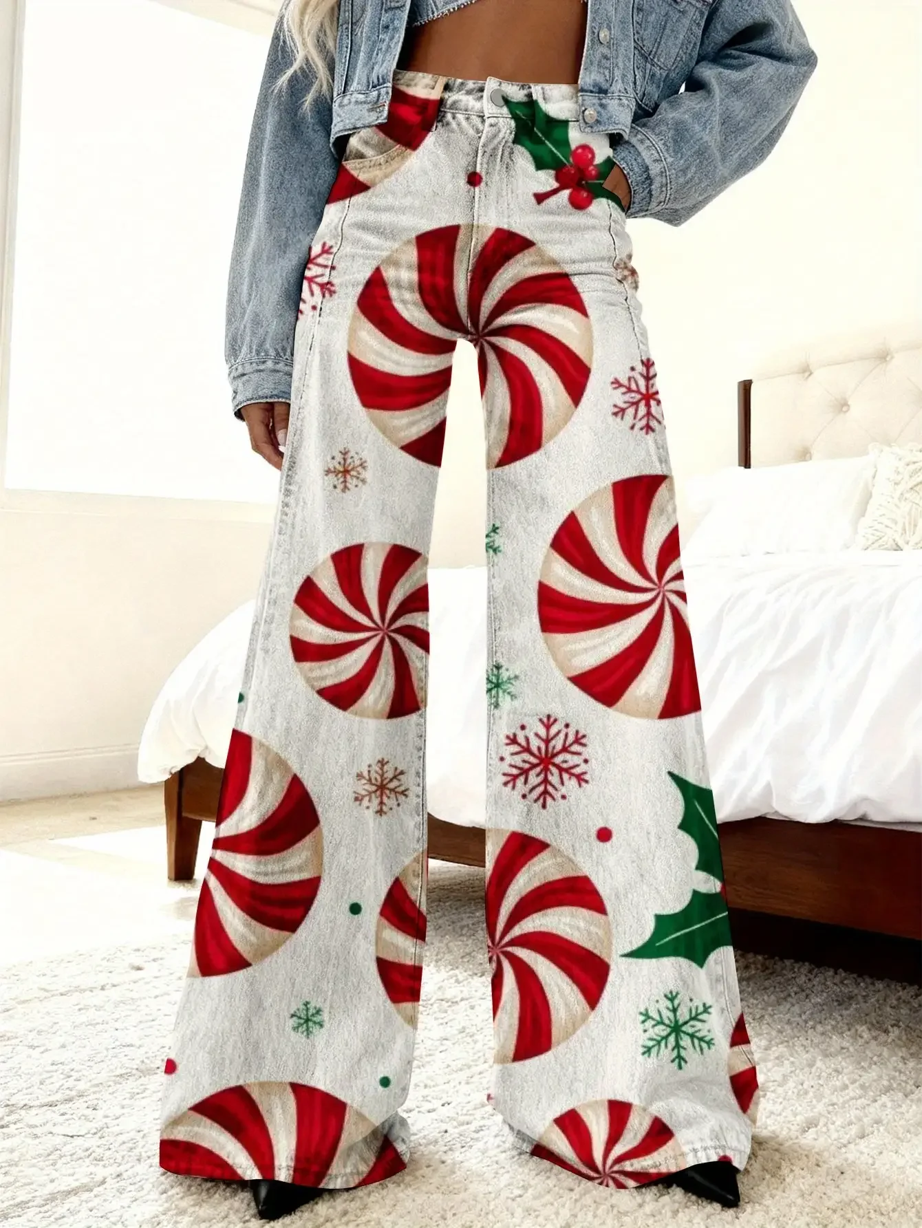 

Christmas ladies' imitation denim pants with snowflake pattern autumn and christmas style personalized eye-catching trendy pants
