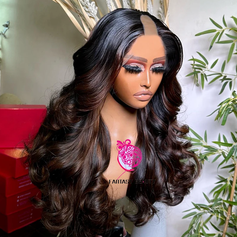 

Black Women Coffee Brown Hightlight 1x4 U Part Wig Body Wave Human Hair Adjustable With Clips Glueless Easy Install V Part Wig