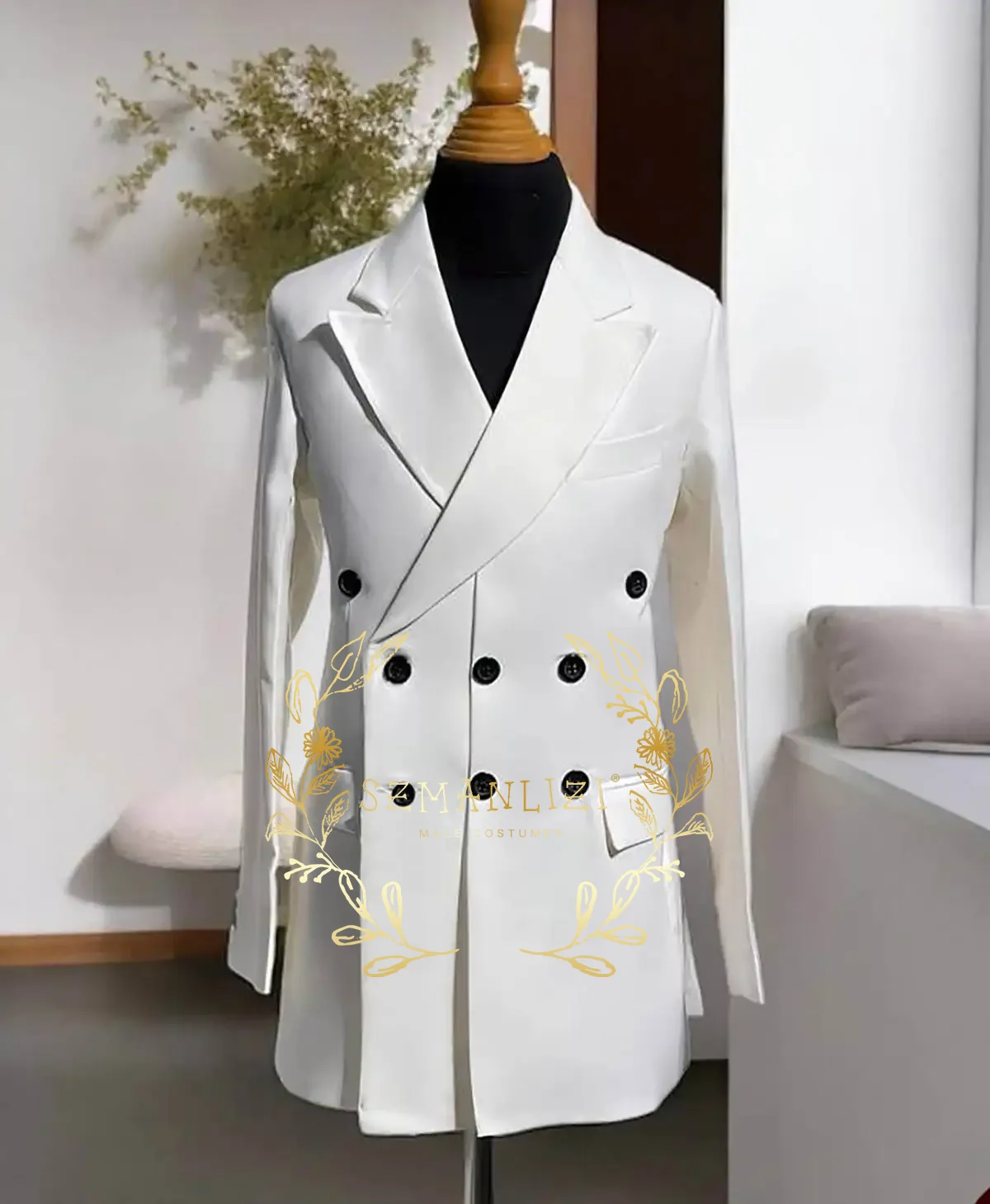 Fashion Double Breasted Men Long Jacket Peaked Lapel Three-Button Blazer Business Party Prom Custom Made Only Coat