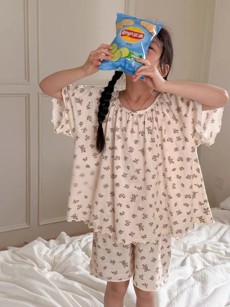 Princess Style Girls Floral Print Short Sleeve Pajamas Set Summer Lightweight Homewear for Air Conditioned Rooms