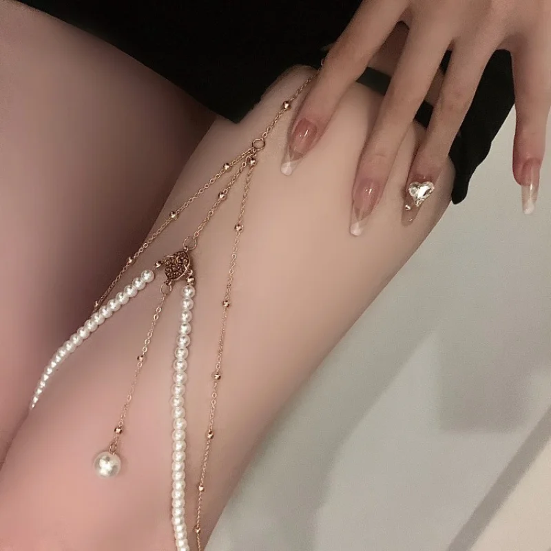 Simple and Exaggerated Multi-Layer Pearl Chain Leg Bracelet Female Ins Creative Personalized Long Body Chains Ornament