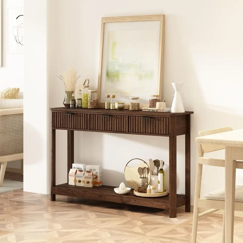 Fluted Wood Console Table with 3 Drawers, Boho Narrow Behind Couch Entryway Table with Open Storage Shelf, Modern Sofa Table fo