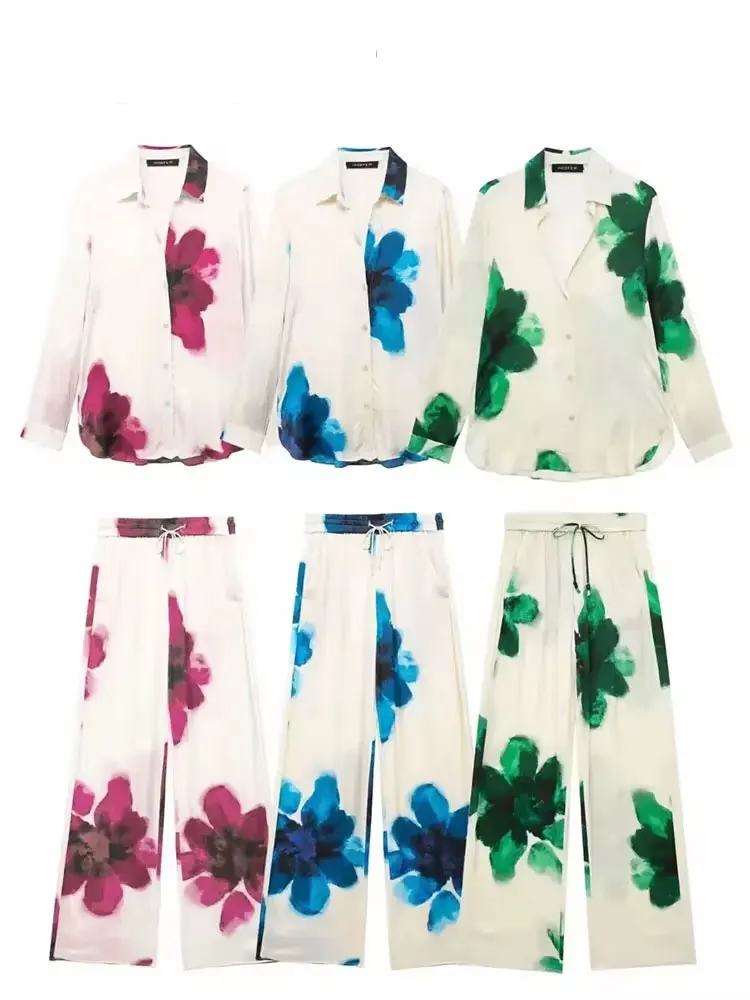 Woman Print Trouser Set Long Sleeves Lapel Shirt Top + Elastic Waist Lace Up Casual Women\'s Wide Leg Long Pant Streetwear