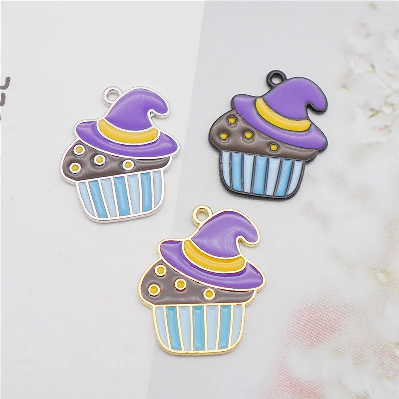 Julie Wang 6PCS Enamel Halloween Wizard Hat Cake Charms Cartoon Pendants Alloy Necklace Bracelet Jewelry Making Accessory