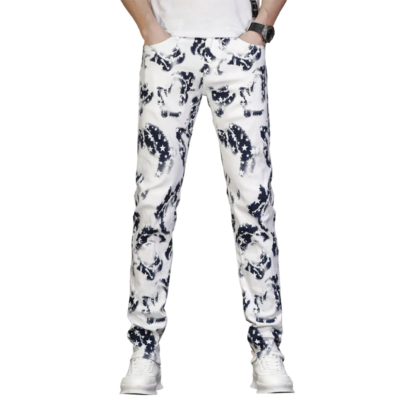 Fashion personalized printed jeans White for men2024new slim fit feet handsome street style trendy casual pants