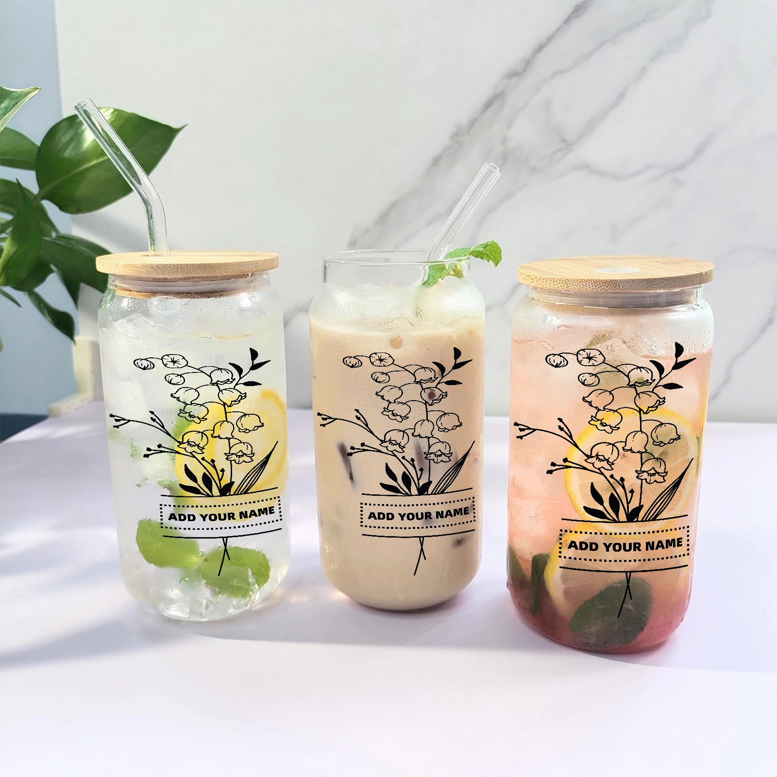 

16oz Customized Name Transparent Glass Cups with Straw Lid 3D Print Flowers Milk Coffee Tumblers Family Casual Drink Cups