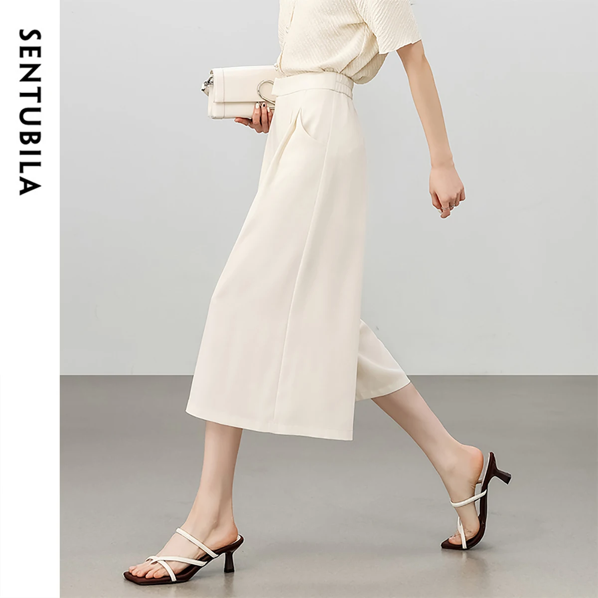 SENTUBILA Summer Woman Skirts Pants 2025 Office Simple Loose High Waist Calf Apricot Length Pants Women's Trousers 152K57541