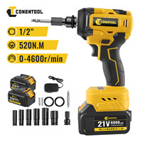 CONENTOOL 21V Cordless Impact Wrench, 1/2in Brushless, 520Nm, with 2x6000mAh Batteries Set, Electric Impact Gun for Car and Home