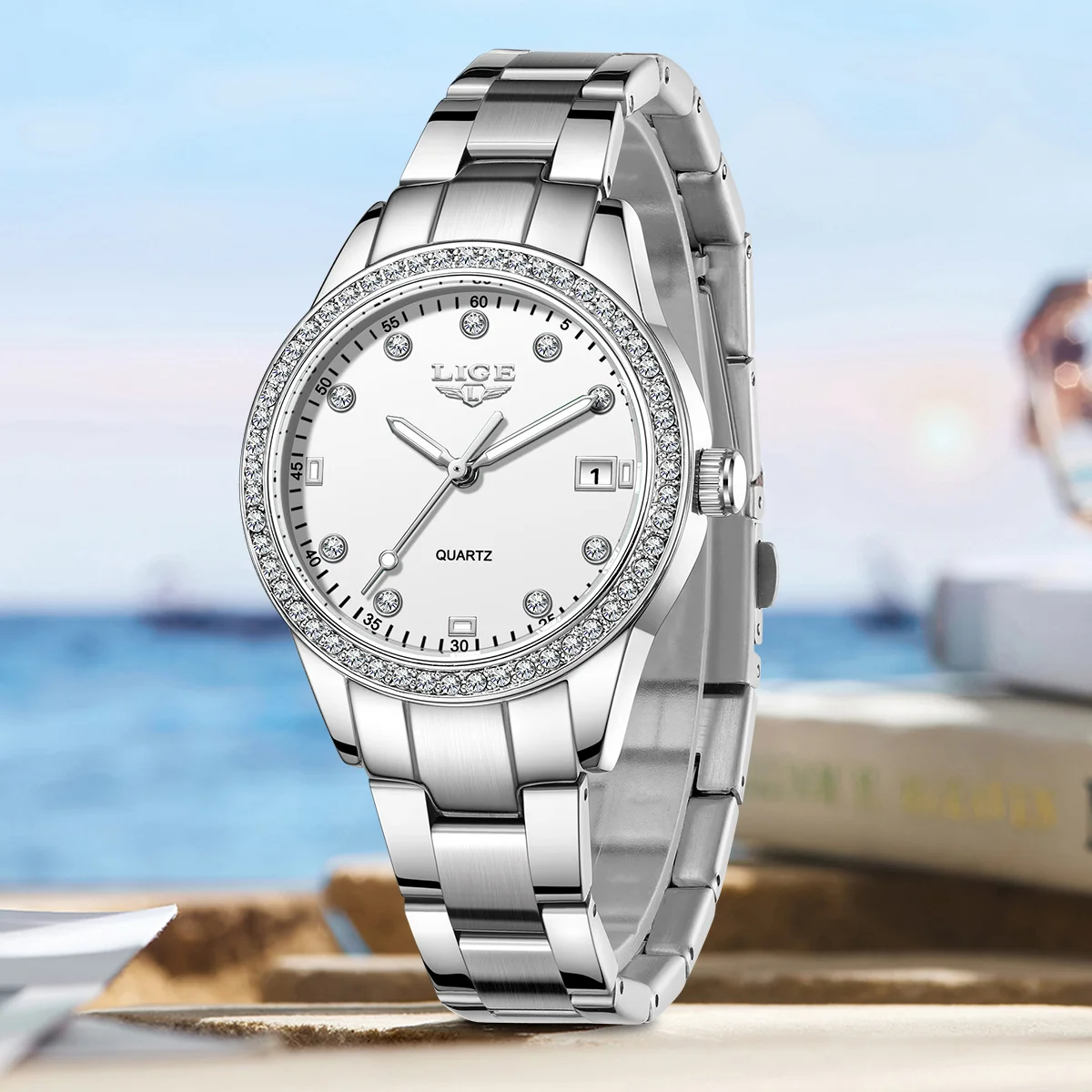 LIGE New Luxury Quartz Watch for Women Fashion Elegant Diamond Dial Ladies Watches Stainless Steel Waterproof Women's Wristwatch