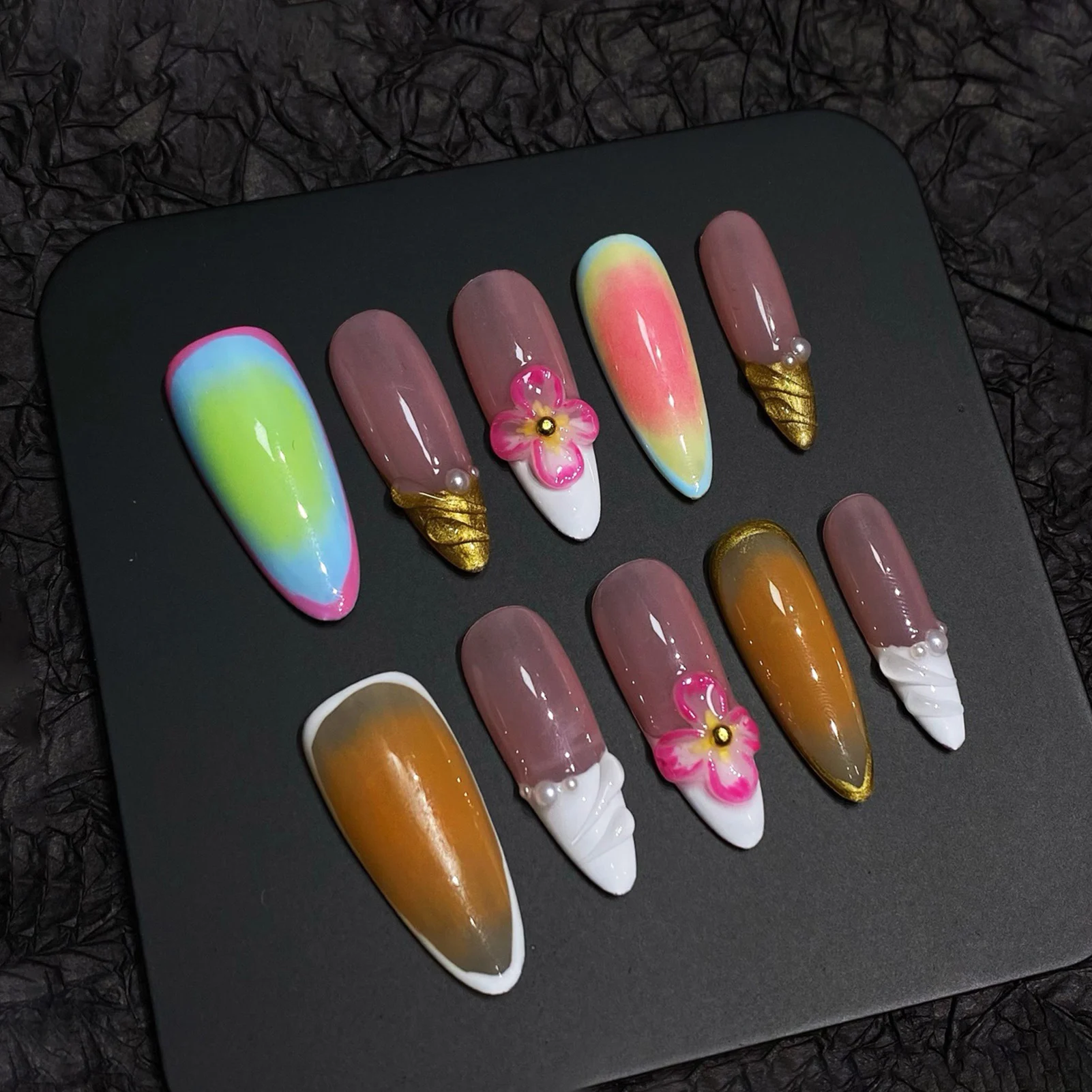 

10Pcs Handmade Press On Nails Dopamine Color Long Almond Fake Nails 3D Flower Decor French Tips Acrylic False Nail Art for Women