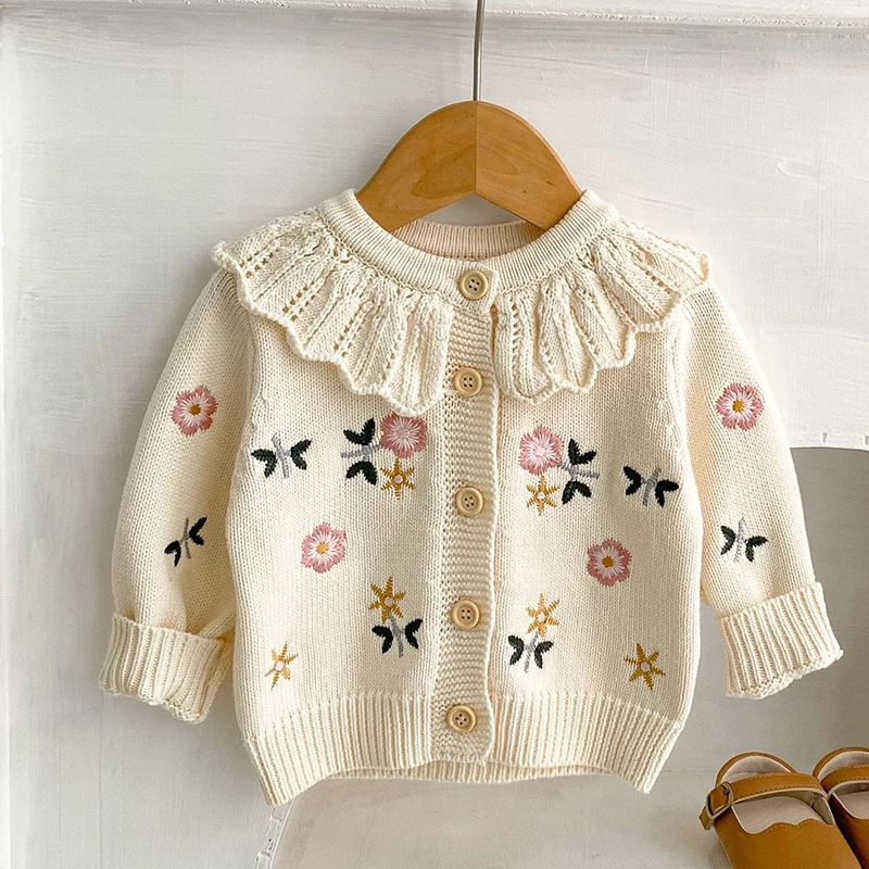 Newborn Baby Girls Knitting Cardigan Flower Embroidery Long Sleeve Cardigan Coat Spring Autumn Toddler Baby Girls Sweater Coat