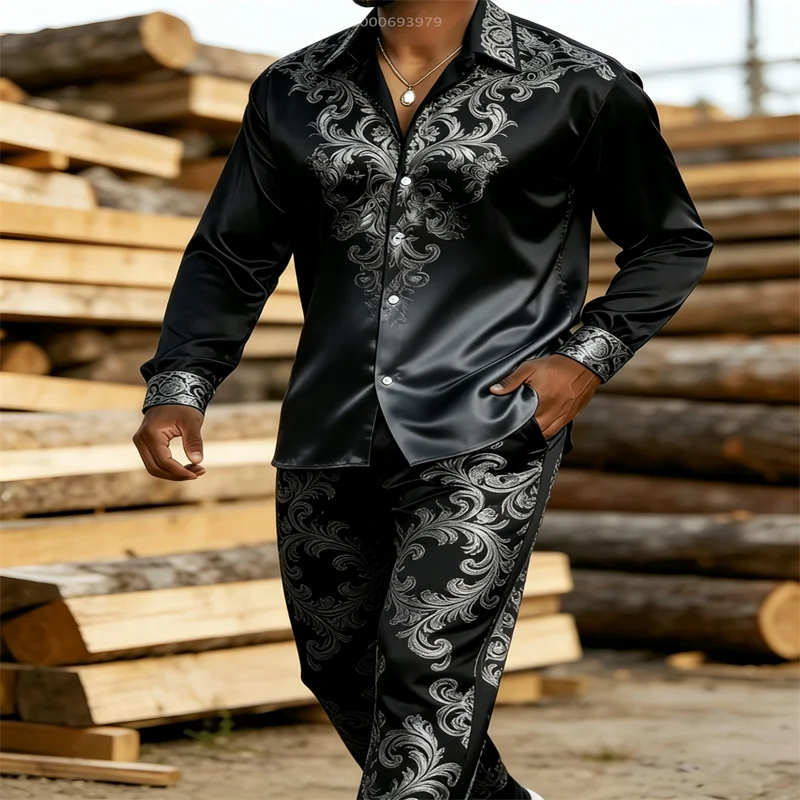 Luxury men's suit: black and gold gradient Baroque print long-sleeved shirt and trousers, suitable for parties and weddings.