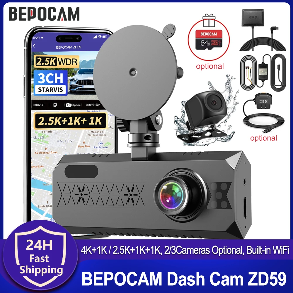 

BEPOCAM 4K Dash Cam 2/3 Channel Front Inside Car Camera Built-in WiFi 3.16'' IPS Screen Car DVR Night Vision Optional Rear ZD59