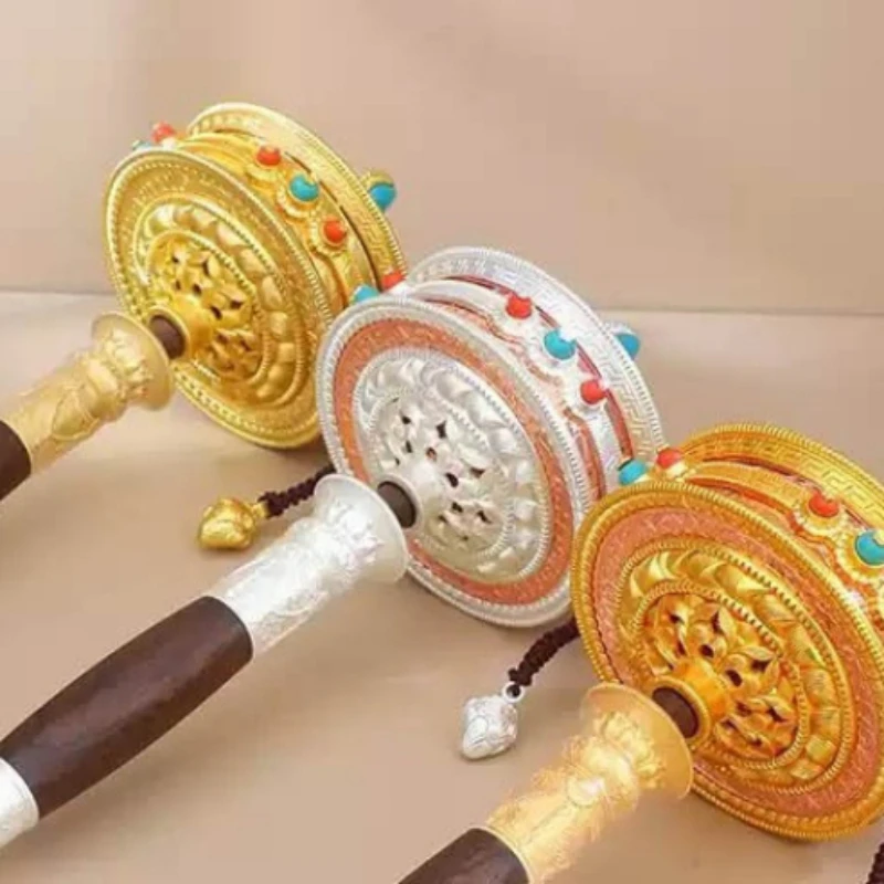 Tibetan Alloy Three Colors Hand-cranked Wheel Six Characters Rotary Drum Decorative Ornaments Household Zen Worship Meditation