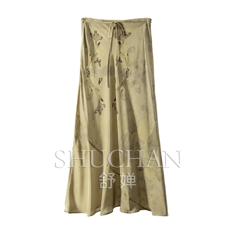 

butterfly love flower silk double crepe high waist fishtail skirt female 75C2 faldas mujer moda 2025