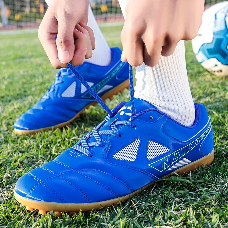 Teenager lange Spike Fußballs chuhe Männer blaue Turnschuhe Outdoor-Training Futsal Schuhe Männer atmungsaktive rutsch feste Kinder Fußballs chuhe