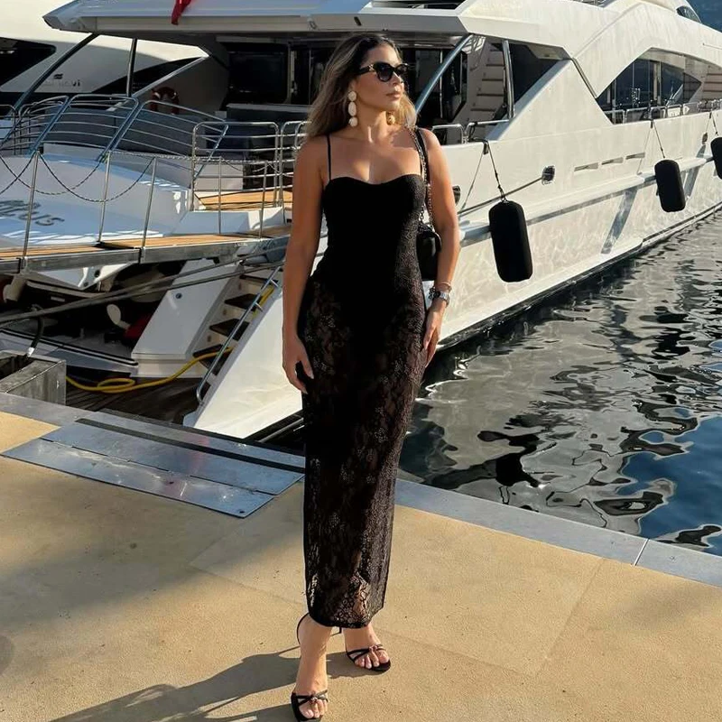 MUJER 블랙 레이스 롱 드레스 여성 바디수트 코르셋 미디 드레스 여성 섹시 백리스 슬립 드레스 여성용 세미 시어 파티 드레스