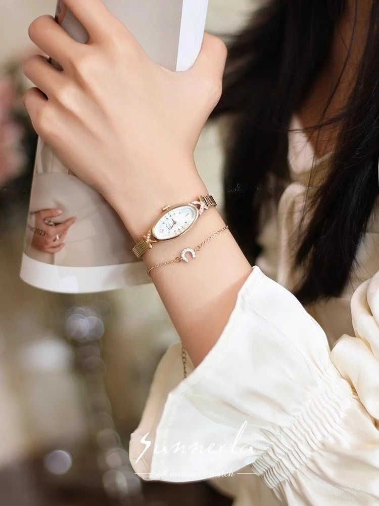 

2025 new vintage women's quartz watch oval 24K gold-plated small dial with diamonds light luxury niche retro ladies watches