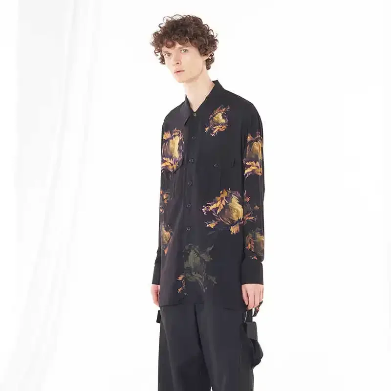 

YOJI OOAK японский оригинальный дизайн темная свободная рубашка с длинными рукавами и карманами с цветочным принтом