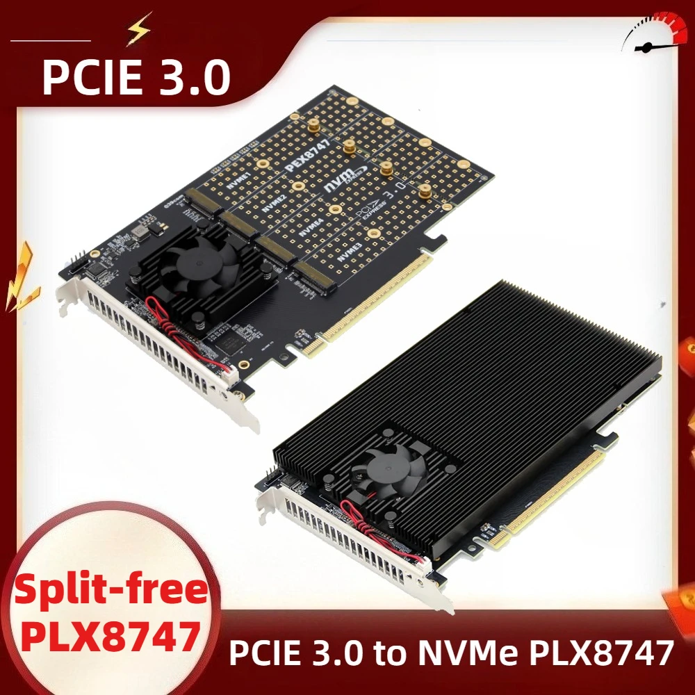 Split-Free PLX8747 Integrated PCIe 3.0 Expansion Card Module Four-Disc 4x NVME M.2 PLX8747 Half- Full-Height PCIE Expansion Card