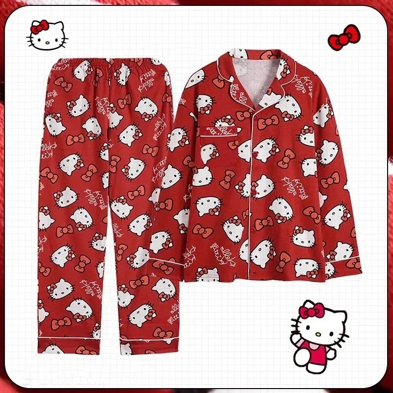 Sanrio Hello Kitty Cartoon Red Pajamas Suits Anime Button Shirts Long Pants Two Piece Sets Cute Casual Pajamas Suit For Girls