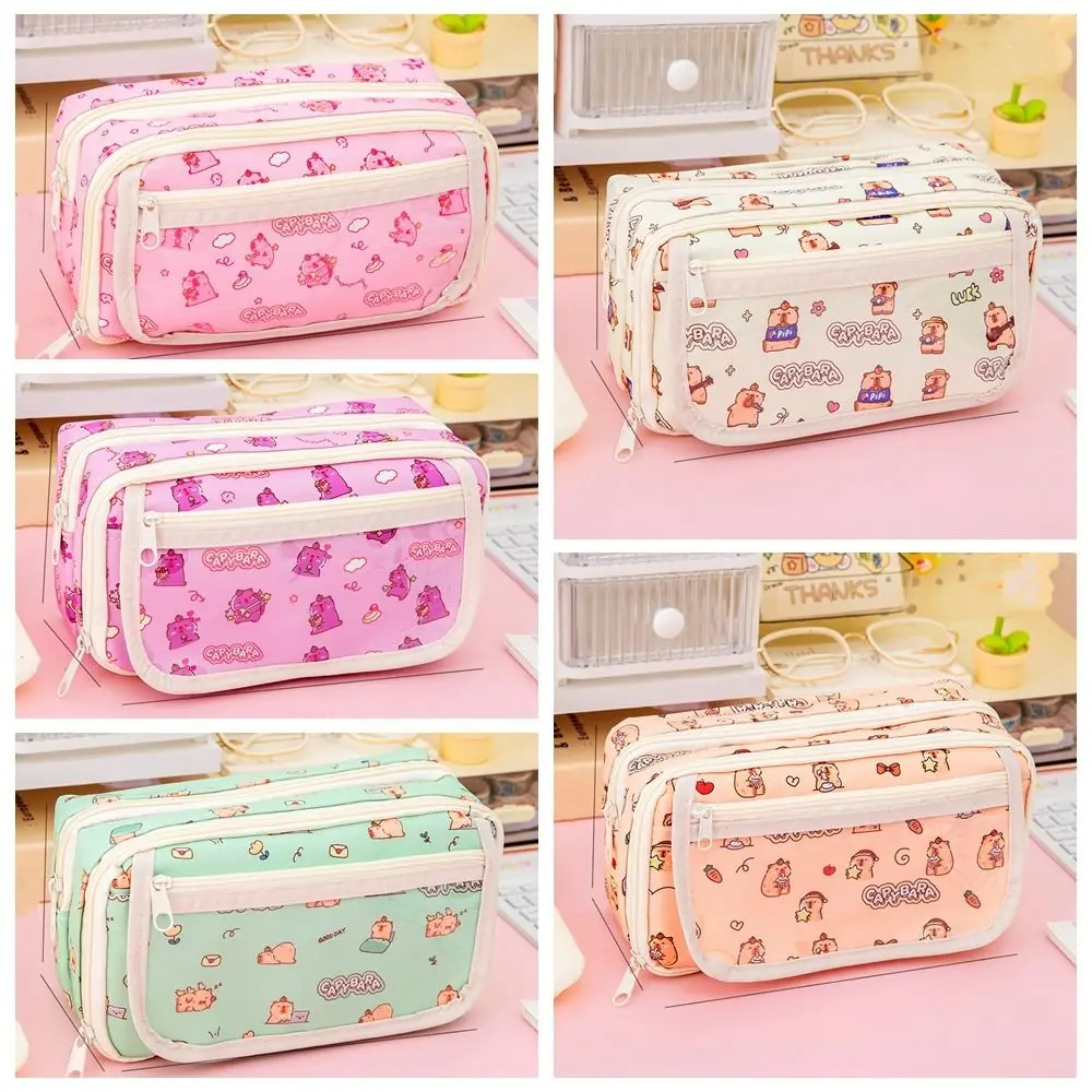 Canvas Capybara Pen Bag Large Capacity Badge Display Cartoon Pencil Cases Storage Bag Multi Layer Stationery Bag