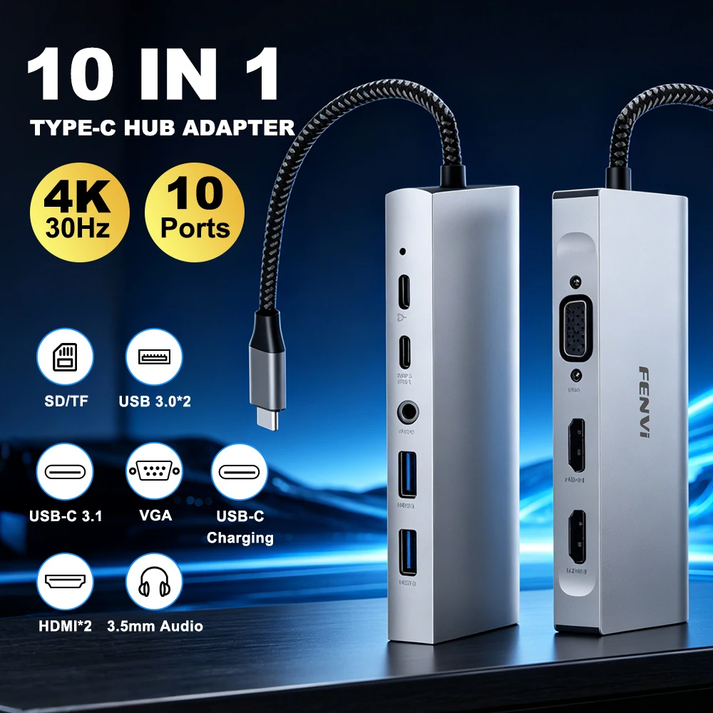 Fenvi Type-C USB HUB 10 IN 1 USB-C Fast Charger PD100W 5Gbps VGA SD/TF USB3.0 Converter SD for Laptop Extender Adapter