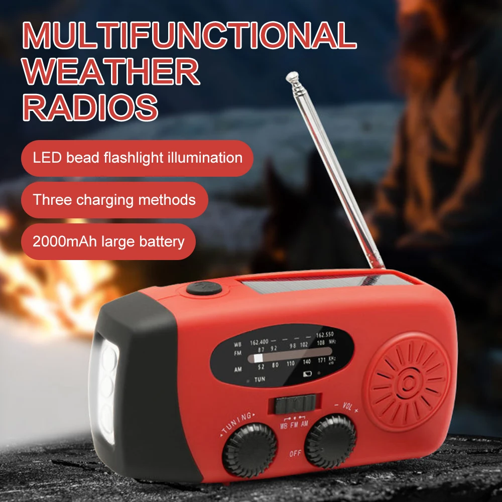 

Outdoor Sports FM Radio Player 2000mAh Solar USB Hand Crank Charging Radio Player Power Bank with LED Emergency Flashlight