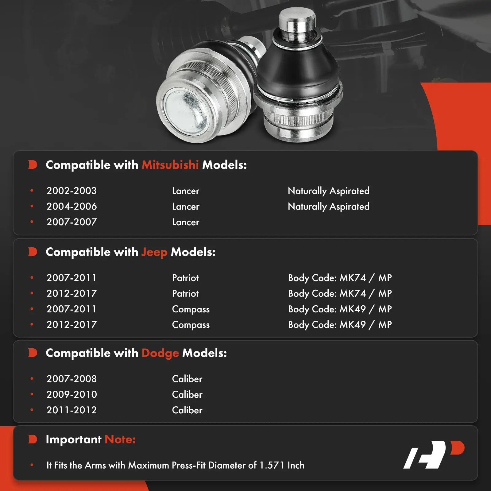 A-Premium 2x Front Lower Ball Joint for Jeep Compass Patriot 2007 2008 2009 2010 2011 2012 2013 2014 2015 2016 2017 Mitsubishi Lancer 2002 2003 2004 2005 2006 2007 Dodge Caliber 2007 2008 2009 2010 2011 2012 5105040AG
